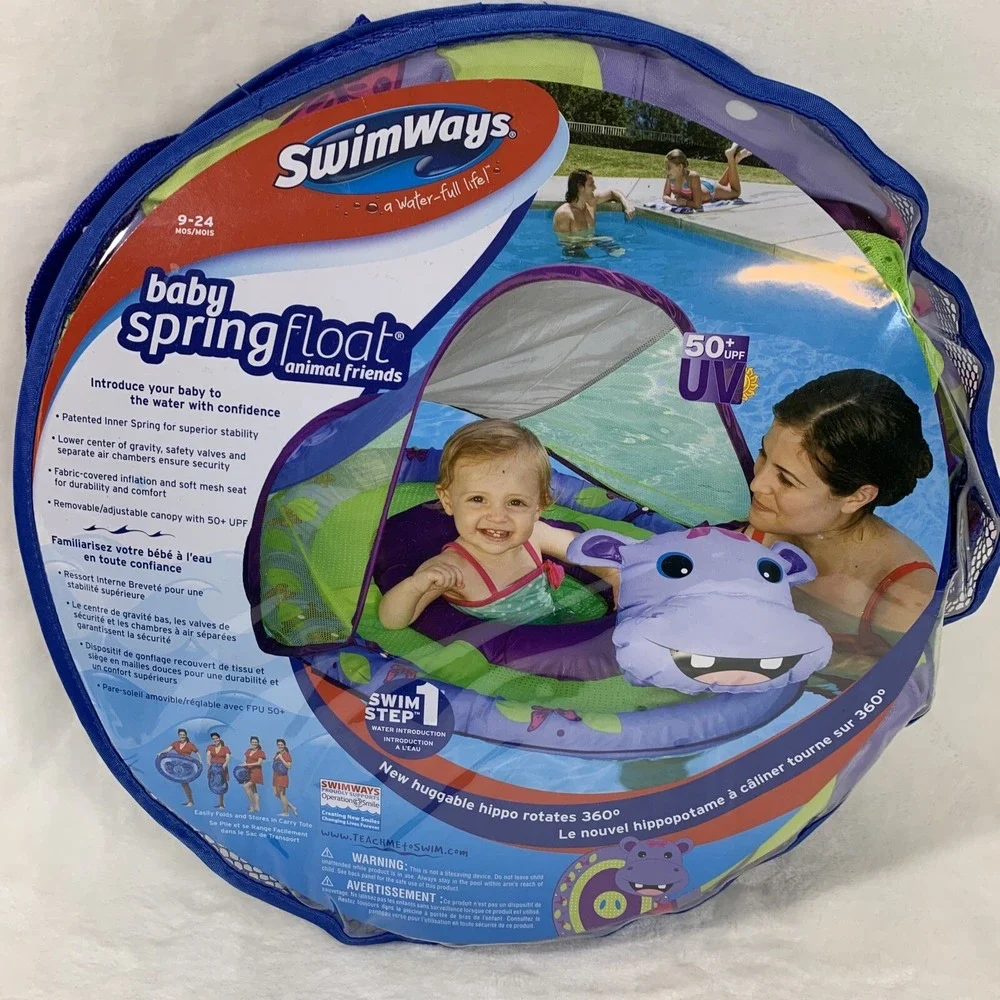 SwimWays Inflatable Baby Spring Pool Float Animal Friends‎ Huggable Hippo Canopy
